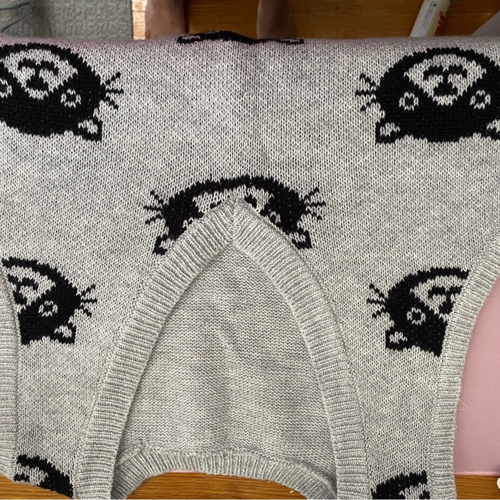 Gray Sweater with Black Cat Pattern